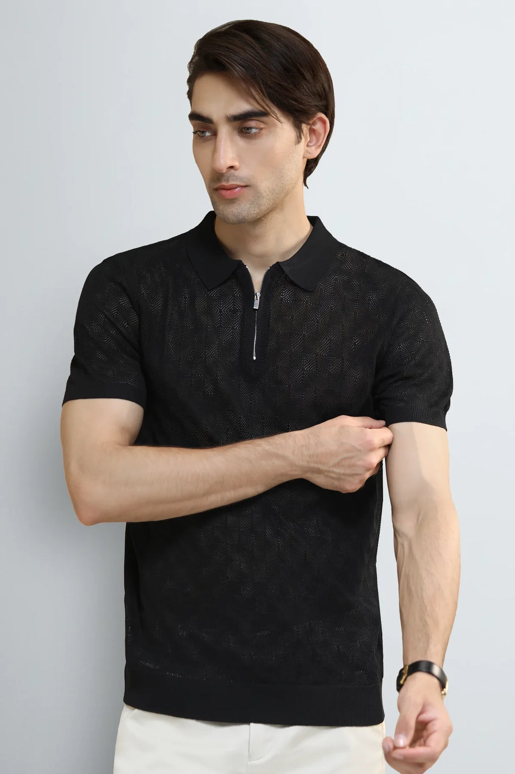 Black Jacquard Collar Polo